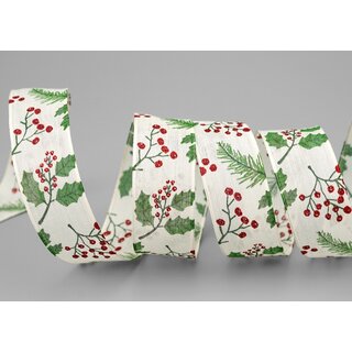 3 m x 25 mm Dekoband CHRISTMAS BERRY Creme Grn Rot Geschenkband mit Drahtkanten Schleifenband Deko Band Weihnachten Draht