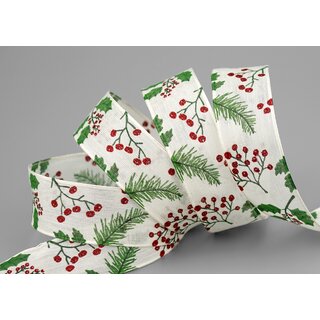 3 m x 25 mm Dekoband CHRISTMAS BERRY Creme Grn Rot Geschenkband mit Drahtkanten Schleifenband Deko Band Weihnachten Draht