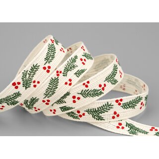 3 m x 15 mm Dekoband TANNENZWEIG BAUMWOLLE Creme Grn Rot Stoffband 100% biologisch abbaubar umweltfreundlich Weihnachtsband Baumwollband