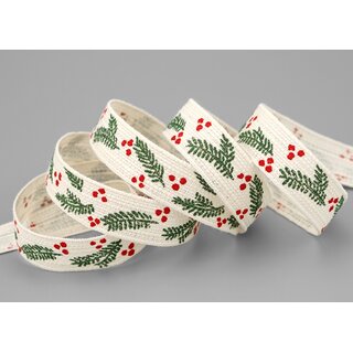 3 m x 15 mm Dekoband TANNENZWEIG BAUMWOLLE Creme Grn Rot Stoffband 100% biologisch abbaubar umweltfreundlich Weihnachtsband Baumwollband