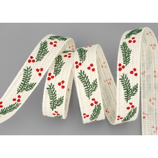 3 m x 15 mm Dekoband TANNENZWEIG BAUMWOLLE Creme Grn Rot Stoffband 100% biologisch abbaubar umweltfreundlich Weihnachtsband Baumwollband