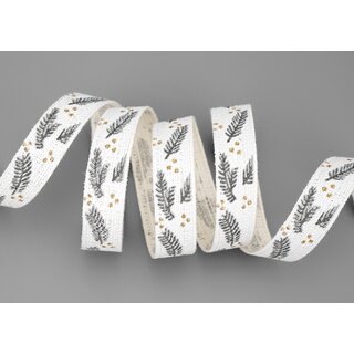 3 m x 15 mm Dekoband TANNENZWEIG BAUMWOLLE Weiss Grau Gold Stoffband 100% biologisch abbaubar umweltfreundlich Weihnachtsband Baumwollband