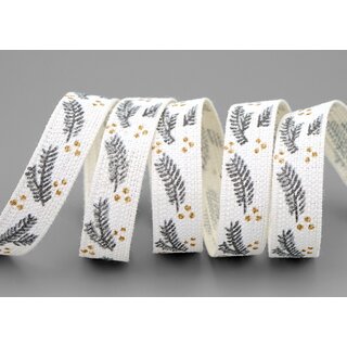 20 m x 15 mm Dekoband TANNENZWEIG BAUMWOLLE Weiss Grau Gold Stoffband 100% biologisch abbaubar umweltfreundlich Weihnachtsband Baumwollband