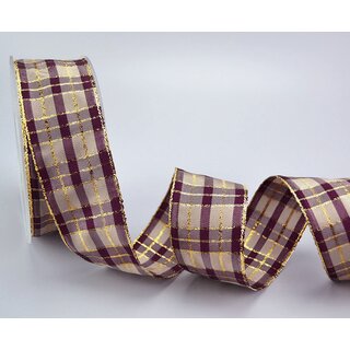 20 m x 40 mm Weihnachtsband Drahtkantenband KARO PFLAUME...