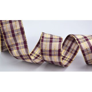 3 m x 40 mm Weihnachten Drahtkantenband KARO PFLAUME GOLD...