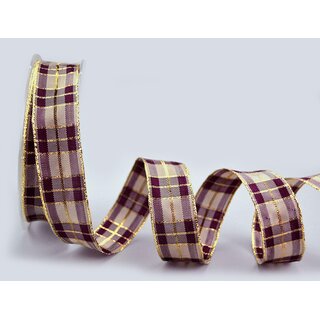 20 m x 25 mm Weihnachten Drahtkantenband KARO BORDEAUX /...
