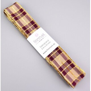 Weihnachten Drahtkandenband KARO BORDEAUX / CREME / GOLD...