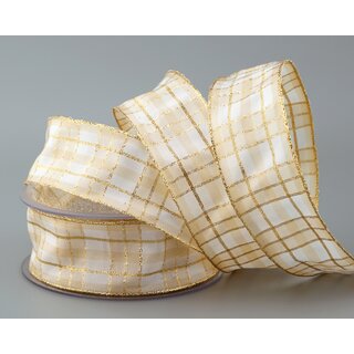 20 m x 40 mm Weihnachten Drahtkantenband KARO CREME /...