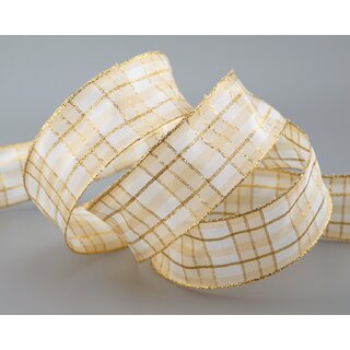 20 m x 40 mm Weihnachten Drahtkantenband KARO WEISS CREME GOLD 103 Lurex Goldkante