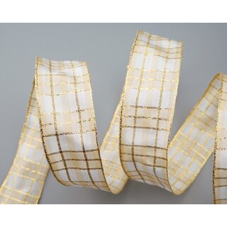 20 m x 40 mm Weihnachten Drahtkantenband KARO WEISS CREME GOLD 103 Lurex Goldkante