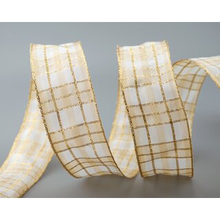 3 m x 40 mm Weihnachten Drahtkantenband KARO CREME WEISS GOLD 103 Lurex Goldkante