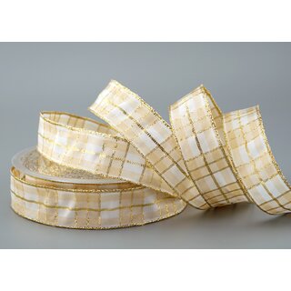 20 m x 25 mm Weihnachten Drahtkantenband KARO CREME WEISS...