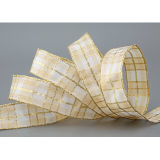 20 m x 25 mm Weihnachten Drahtkantenband KARO CREME WEISS GOLD 103 Lurex Goldkante