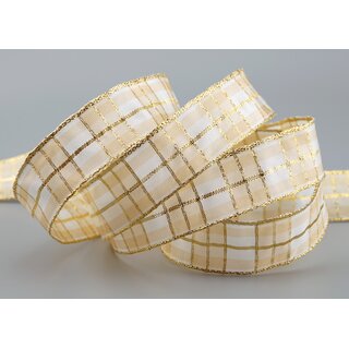 2 m x 25 mm Weihnachten Drahtkantenband KARO CREME / GOLD...