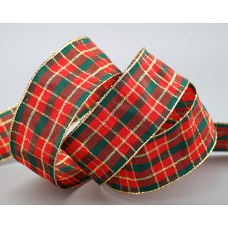 20 m x 40 mm Weihnachten Drahtkantenband KARO ROT DUNKELGRN GOLD 123 Lurex Goldkante