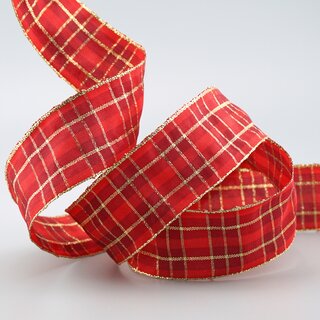20 m x 40 mm Weihnachten Drahtkantenband KARO ROT GOLD 151 Lurex Goldkante