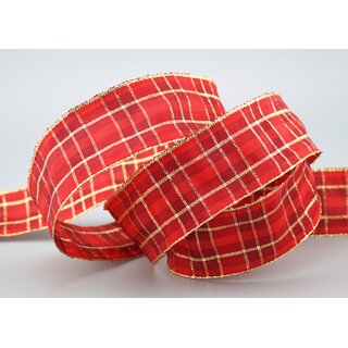 20 m x 40 mm Weihnachten Drahtkantenband KARO ROT GOLD 151 Lurex Goldkante