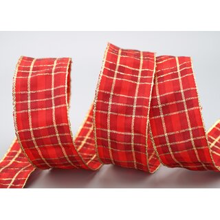 20 m x 40 mm Weihnachten Drahtkantenband KARO ROT GOLD 151 Lurex Goldkante