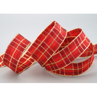 20 m x 25 mm Weihnachten Drahtkantenband KARO ROT GOLD 151 Lurex Goldkante