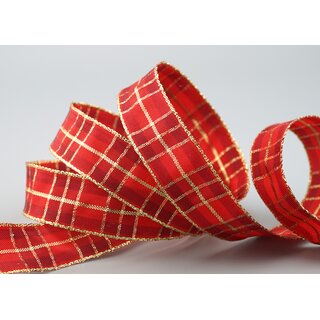 20 m x 25 mm Weihnachten Drahtkantenband KARO ROT GOLD 151 Lurex Goldkante