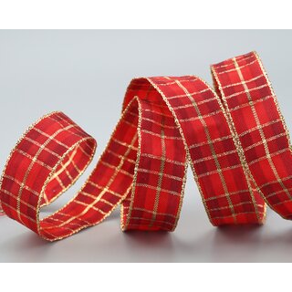 20 m x 25 mm Weihnachten Drahtkantenband KARO ROT GOLD 151 Lurex Goldkante