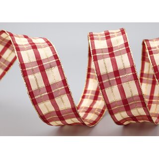 3 m x 40 mm Weihnachten Drahtkantenband KARO BORDEAUX CREME GOLD 124 Lurex Goldkante
