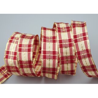 20 m x 25 mm Weihnachten Drahtkantenband KARO BORDEAUX CREME GOLD 124 Lurex Goldkante