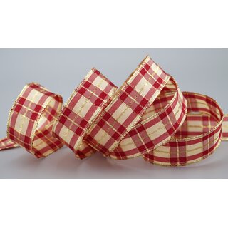 3 m x 25 mm Weihnachten Drahtkantenband KARO BORDEAUX CREME GOLD 124 Lurex Goldkante