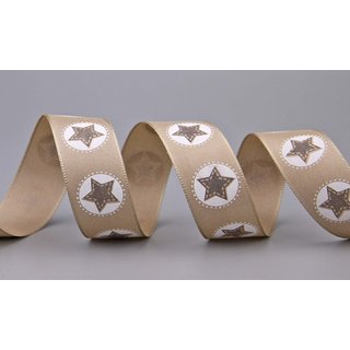Dekoband VINTAGE STARS HELLBRAUN / BEIGE 20 m x 25 mm Textillband mit Sternenmuster