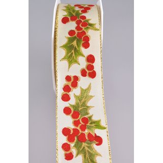 20 m x 40 mm Dekoband HOLLY WEIHNACHTEN CREME GOLD Geschenkband Premium Stoffband mit Goldkanten Schleifenband Stechpalme
