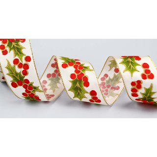 20 m x 40 mm Dekoband HOLLY WEIHNACHTEN CREME GOLD Geschenkband Premium Stoffband mit Goldkanten Schleifenband Stechpalme